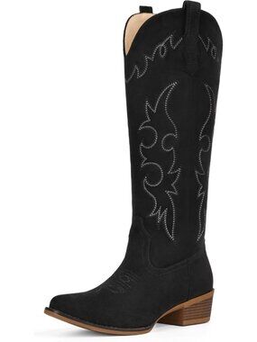 Women Black Pull-On Knee High Western Cowgirl Pointed Toe Low Heel Boot